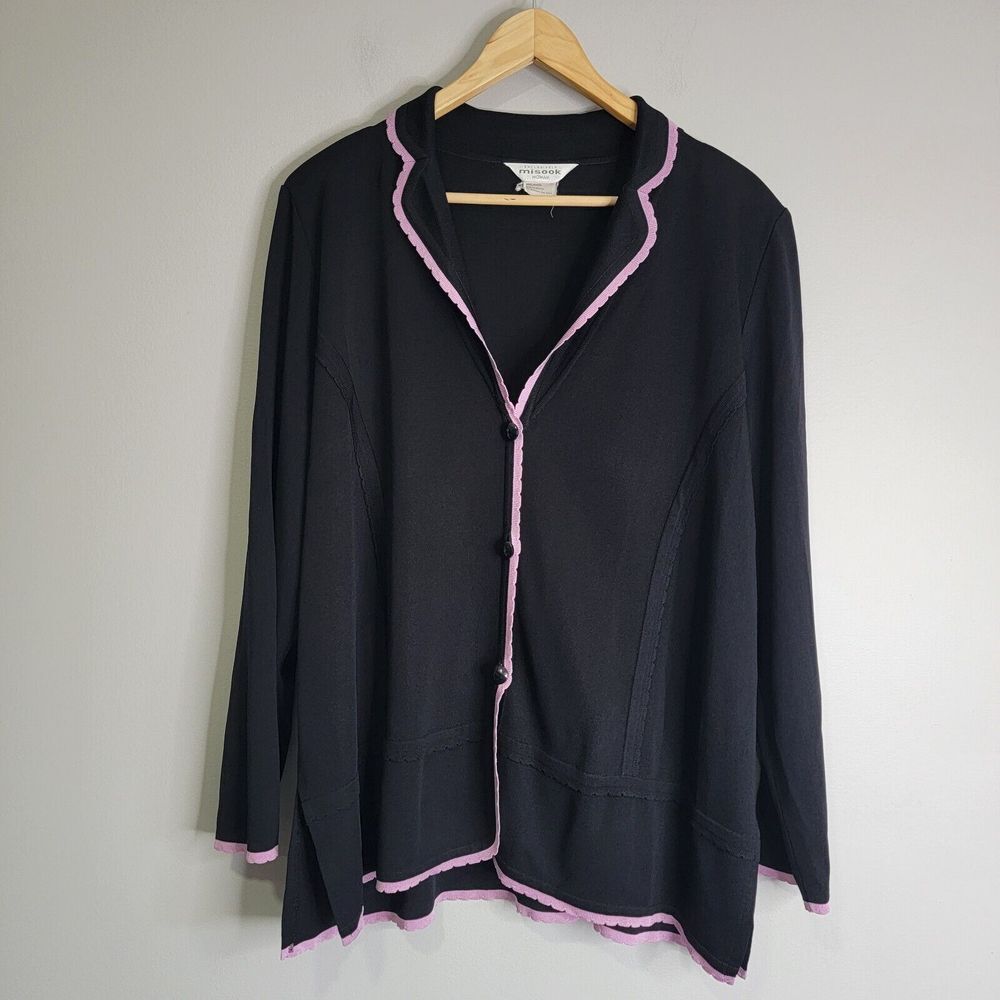 Exclusively Misook 2X Black Purple Trim Three Button Long Sleeve Cardigan Jacket